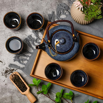 Traditional Chinese Tea Set – 1 Teapot & 6 Cups, Kiln-Glazed Porcelain