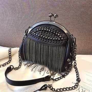 Women’s Kiss-Lock Crossbody Bag – Studded Tassel Chain Shoulder Handbag