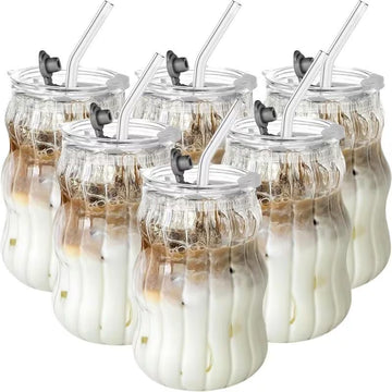 6PCS Ribbed Glass Coffee Mugs Set – 530ML Glass Cups with Lids & Straws