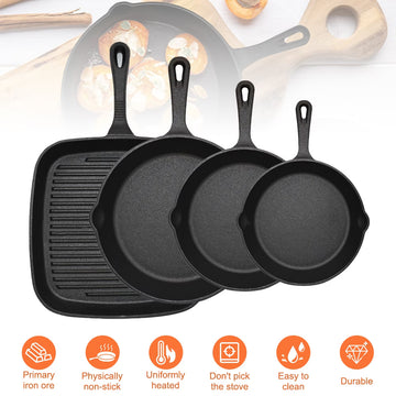4PCS Pre-Seasoned Cast Iron Skillet Set – Oven Safe Frying Pans for Grill, Stovetop & Outdoor Cooking