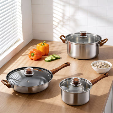 6-Piece Stainless Steel Cookware Set with Removable Woodgrain Handle