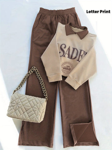Women’s 2Pcs Casual Letter Print Set – Lapel Sweatshirt & Straight-Leg Pants