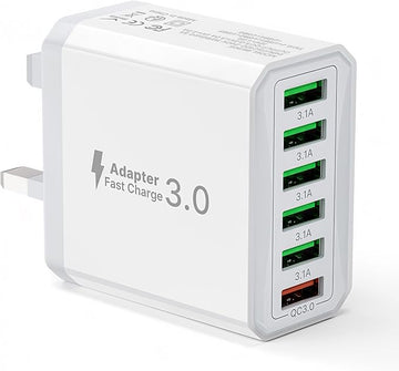 33W USB Plug Fast Charge, 6-Port Multi Charger UK Charging Power Adapter Multiple Quick Charge 3.0 Wall Mains Plug for iPhone