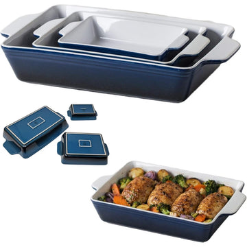 Ceramic Baking Dish Set – 3 Piece Blue & White Rectangular Nesting Oven Dishes with Handles