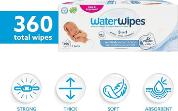 WaterWipes Sensitive+ Newborn & Baby Wipes, 180 Count (3 Packs), 3-In-1 Cleans, Cares, Protects, 99.9% Water, Unscented