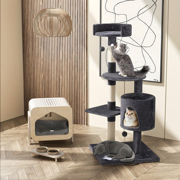 4-Tier Cat Tree with Cozy Condo, Perch & Teaser Ball – Dark Gray