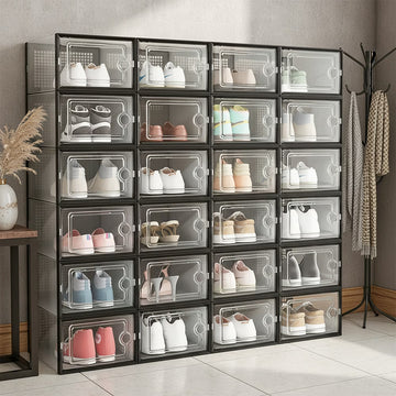 X-Large Clear Shoe Storage Boxes – 12 Pack Stackable Foldable Shoe Organizer