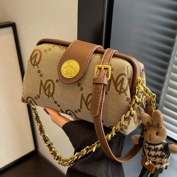 Fashionable Women’s Square Handbag – Canvas Tote with Chain Handle & Rabbit Pendant