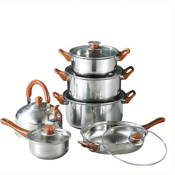 12-Piece Stainless Steel Frying Pan & Kettle Set with Lid and Wooden Handles