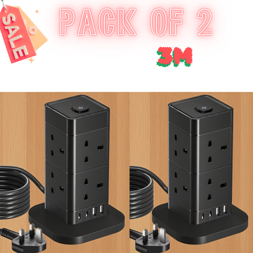 8 Way Tower Extension Lead with 4 USB Ports (2 Type-C) – Surge Protection, Multi Plug Power Strip
