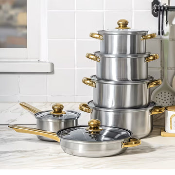 12-Piece Stainless Steel Non-Stick Cookware Set with Golden Handles