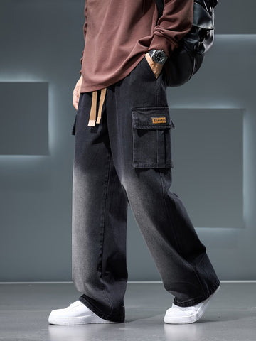 Men’s Straight-Cut Wide-Leg Jeans – Gradient Faded Utility Street Style