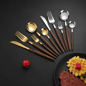 PEIRONG 24-Piece Portuguese Flatware Set – Mirror-Polished Stainless Steel with Wood-Effect Handles