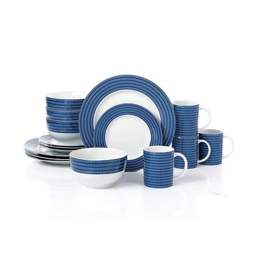 Waterside Blue Linear Porcelain Dinnerware Set – 16-Piece Modern Tableware