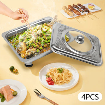4PCS Stainless Steel Insulated Buffet Tray Set with Glass Lid – Food Warmer Serving Set