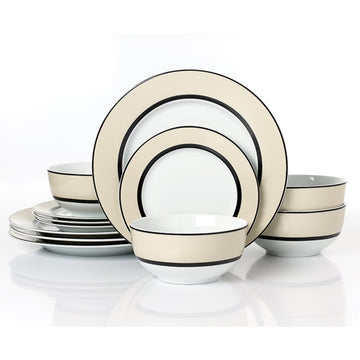 Waterside London 12-Piece Cream Band Porcelain Dinnerware Set