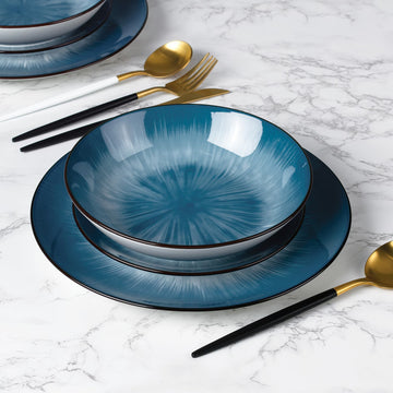 12pcs Blue Star Porcelain Dinner Set; 4 Dinner Plates, Side Plates and Bowls